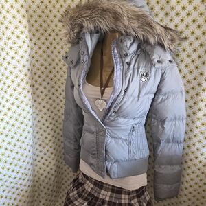 HTF Gray Silver American Eagle Outfitters Puffer Jacket w Faux Fur Hood